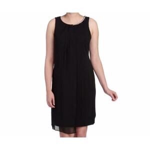 SLNY Women's Dress Sz 14 Black Sheath Embellished Neckline One Side Overlay NWT